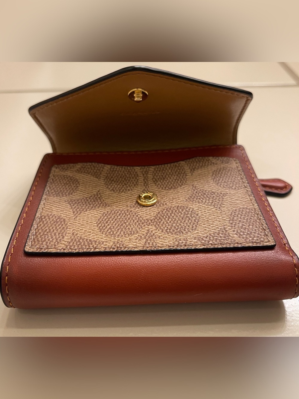 Coach Small Trifold Wallet in Black, Tan and Brown - Picture 4 of 13
